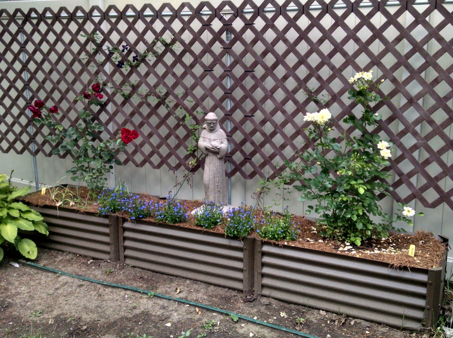 narrow rustic largo raised garden with statuary and tea roses